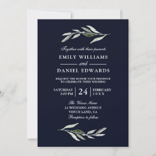 Invitation de mariage bleu marine de la feuille ve