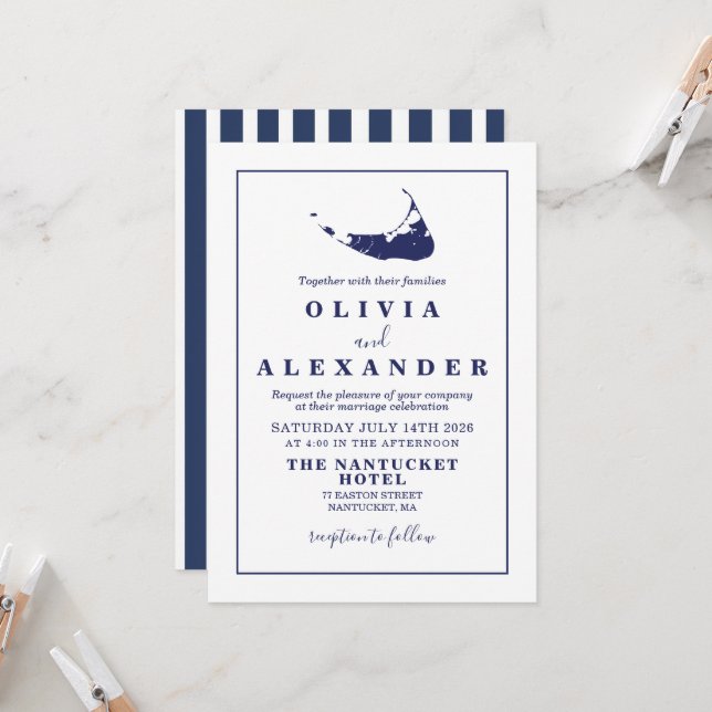 Invitation de mariage bleu marine de Nantucket (Devant/Arrière en situation)