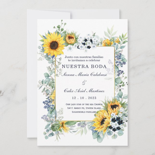 Invitation De mariage bleu marine et tournesol (Devant)