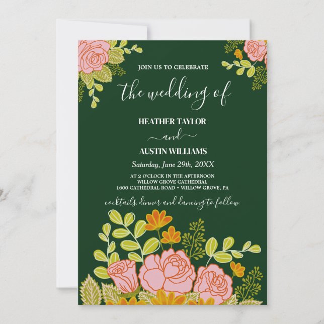 Invitation de mariage bleu marine foncé floral bot (Devant)