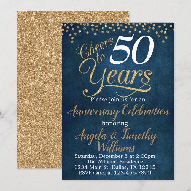 Invitation de mariage bleu marine or pour annivers (Devant / Derrière)
