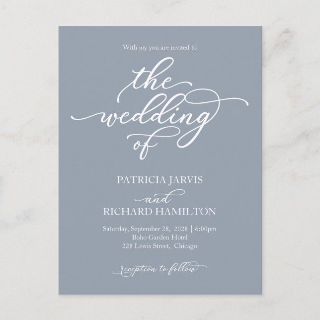 Invitation de mariage bleu poussiéreux calligraphi (Devant)