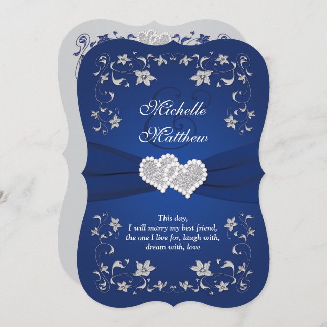 Invitation de mariage | Bleu royal argent, Floral, (Devant / Derrière)