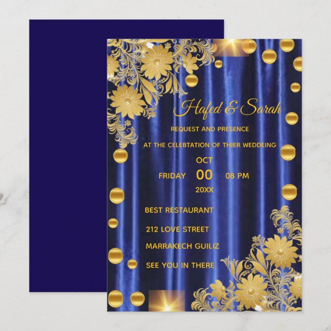 Invitation de mariage bleu royal et or, mariage (Devant / Derrière)