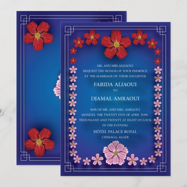 invitation de mariage bleu royale avec fleurs (Devant / Derrière)