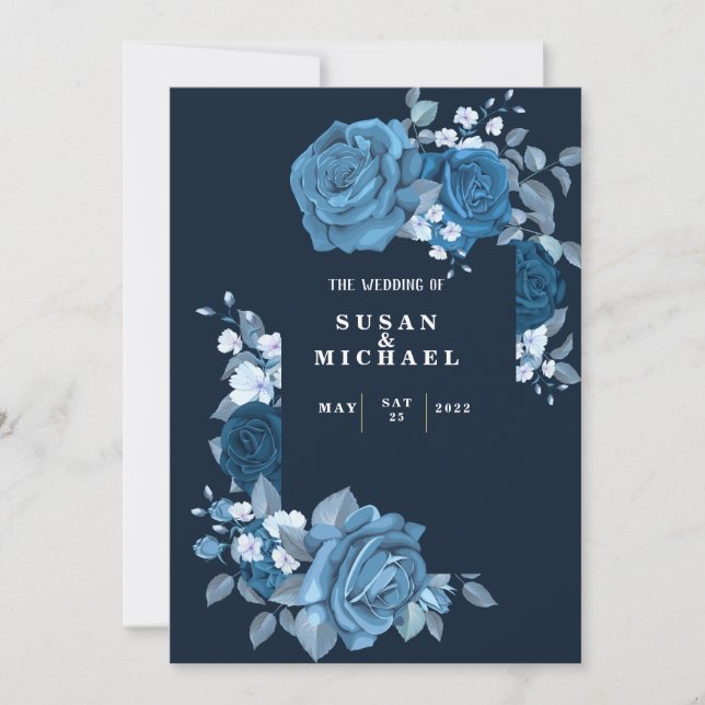 Invitation de mariage bleue élégante et fleurie (Devant)