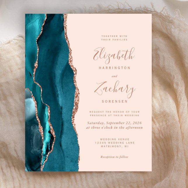 Invitation de mariage Blush Rose Gold Teal Agate à (Créateur téléchargé)