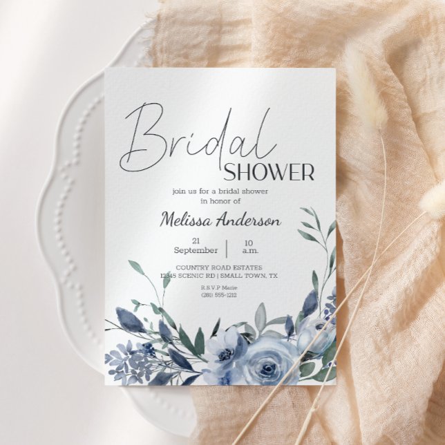 Invitation de mariage bohème aux fleurs bleu pouss (Créateur téléchargé)