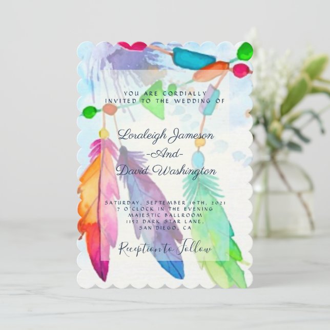 Invitation de mariage bohème avec plumes et perles (Debout devant)