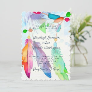 Invitation de mariage bohème avec plumes et perles