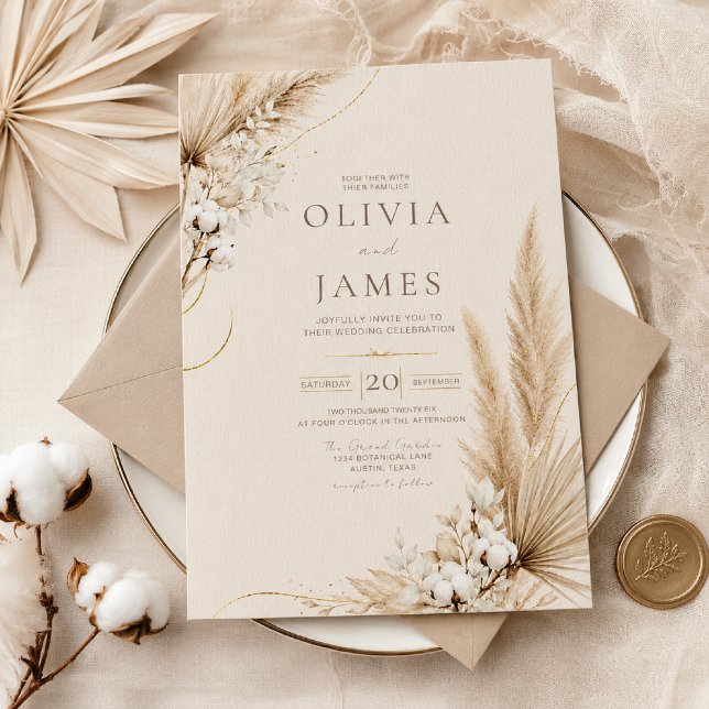 Invitation de mariage bohème élégance Pampas neutr (Créateur téléchargé)