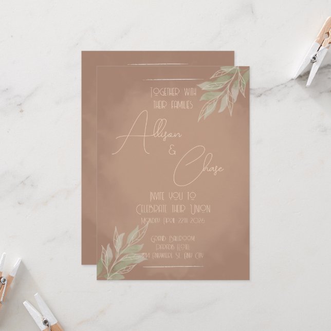 Invitation de mariage bohème en terre cuite avec d (Devant/Arrière en situation)
