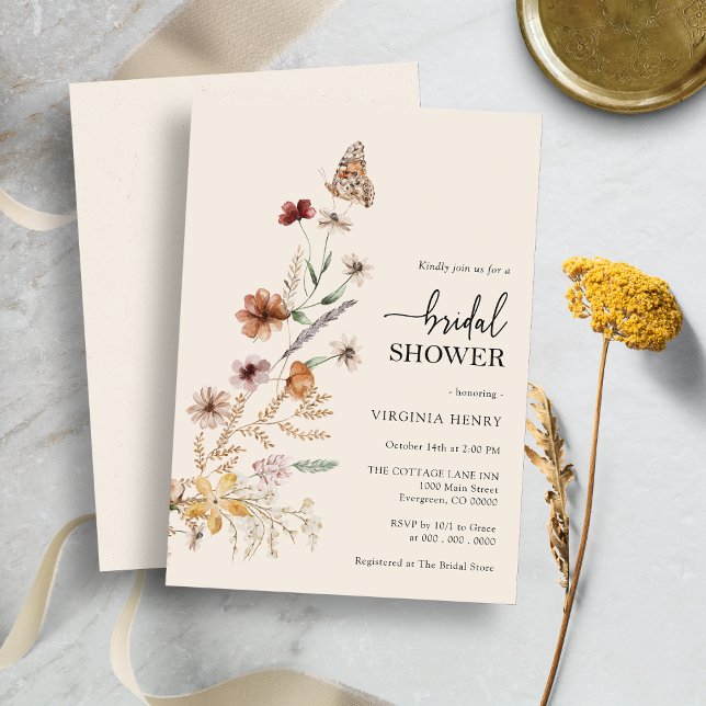 Invitation de mariage bohème florale (Wildflower Floral Boho Bridal Shower Invitation with Butterfly by Painted Paperie
)