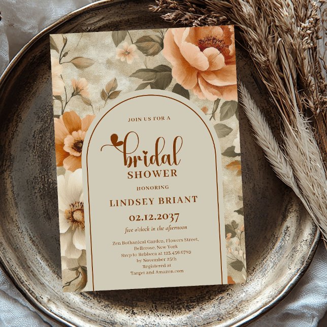 Invitation de mariage bohème florale cuivre (Copper Floral Bohemian Bridal Shower Invitation)