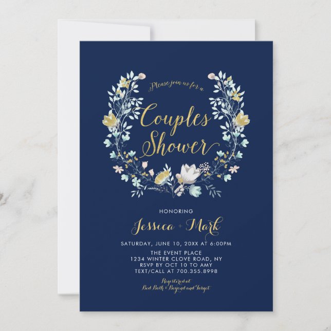 Invitation de mariage bohème Navy & Or pour couple (Devant)