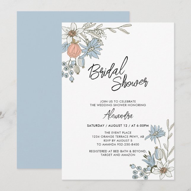 Invitation de mariage bohème printemps bleu floral (Devant / Derrière)