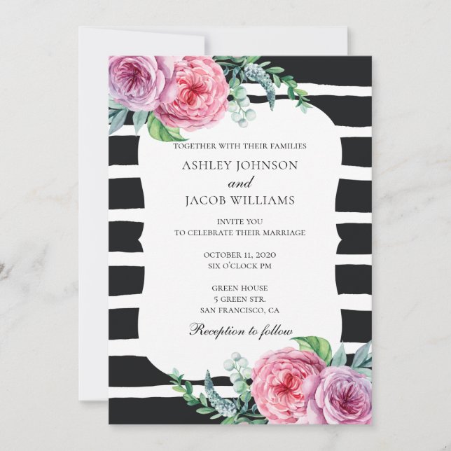 Invitation de mariage bohème. Rayures noires et bl (Devant)