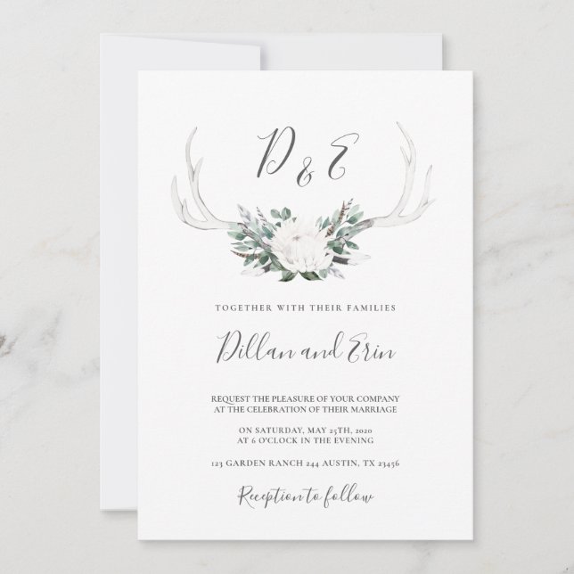 Invitation de mariage bohème White Antler (Devant)