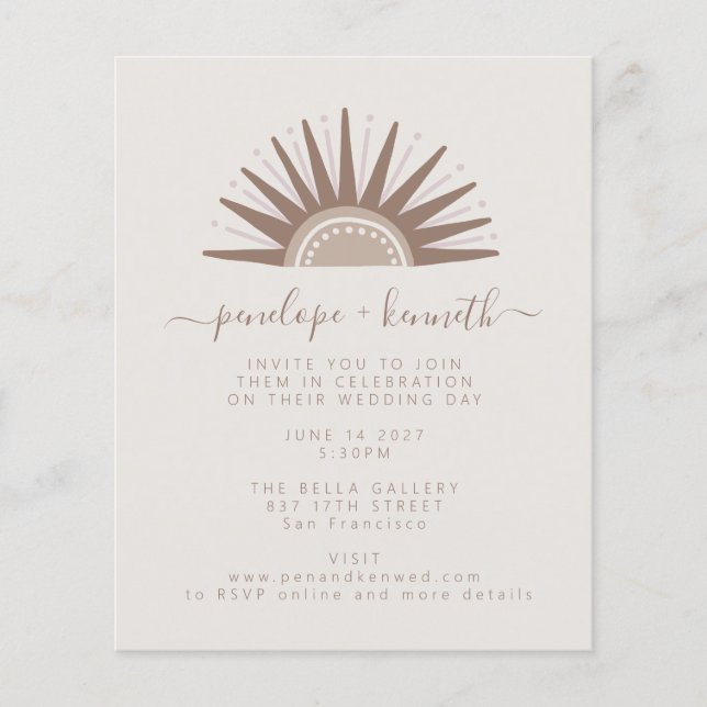 Invitation de mariage Boho Sun Taupe simple budget (Devant)