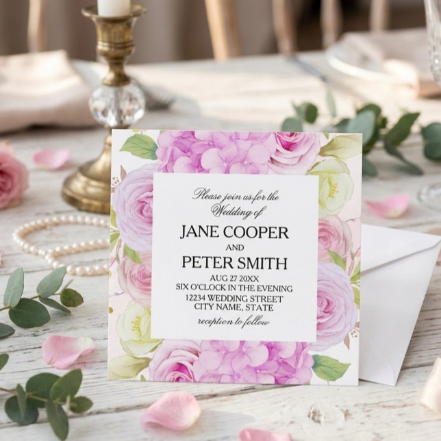 Invitation de mariage bon marché avec fleurs roses (Créateur téléchargé)
