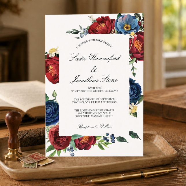 Invitation de mariage bon marché bleu marine borde (Créateur téléchargé)