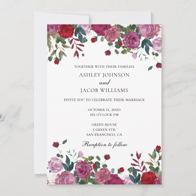 Invitation de mariage bordeaux. Fleur violette et  (Devant)