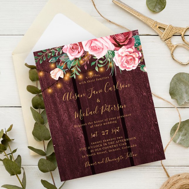 Invitation de mariage bordeaux or floral pas cher (Créateur téléchargé)