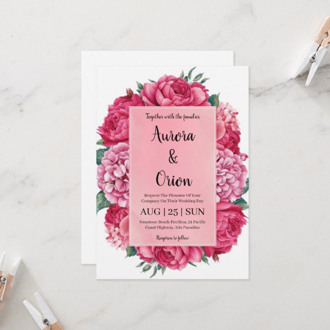 invitation de mariage botanique à fleurs roses cha (Devant/Arrière en situation)