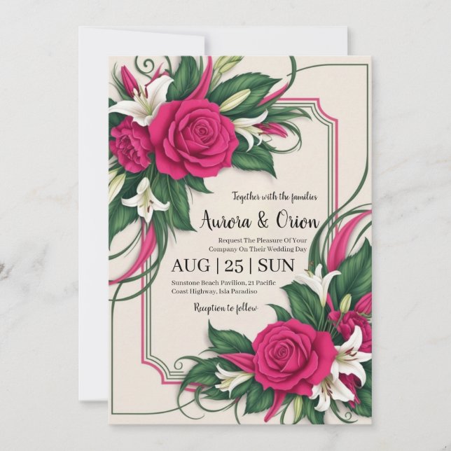 invitation de mariage botanique à fleurs roses cha (Devant)