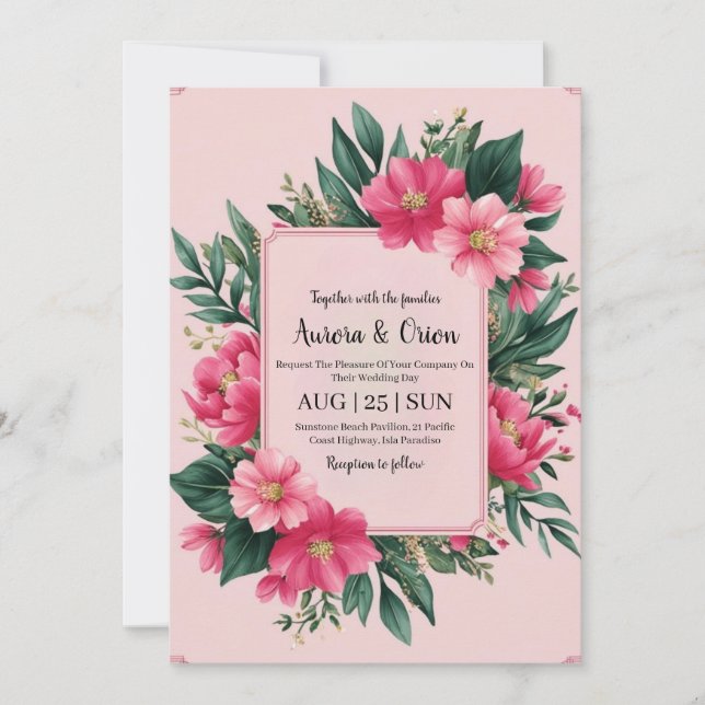 invitation de mariage botanique à fleurs roses cha (Devant)