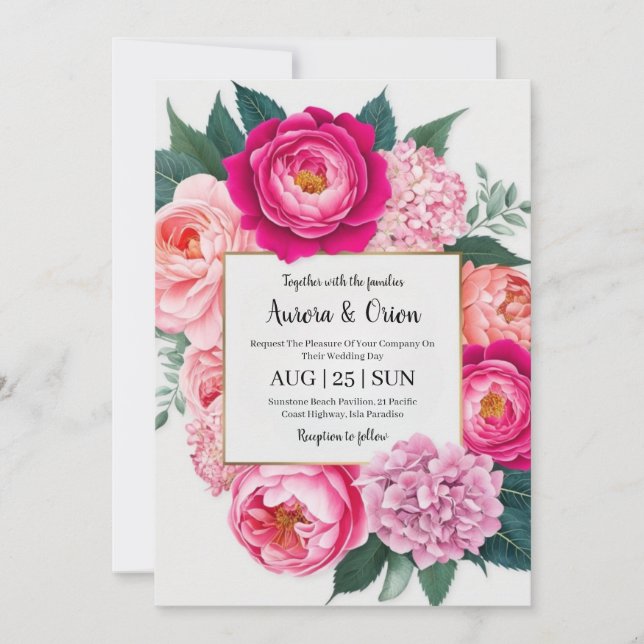 invitation de mariage botanique à fleurs roses cha (Devant)