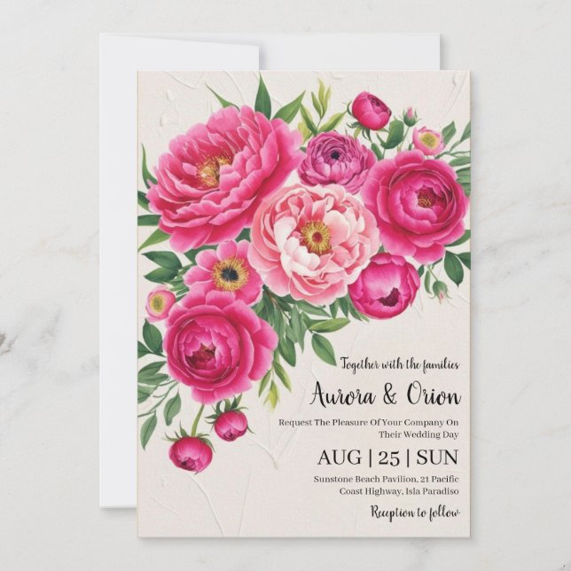 invitation de mariage botanique à fleurs roses cha (Devant)