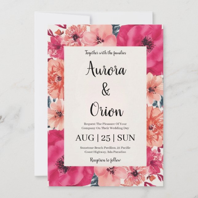 invitation de mariage botanique à fleurs roses cha (Devant)