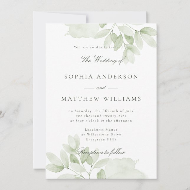 Invitation de mariage botanique à la verdure éléga (Devant)