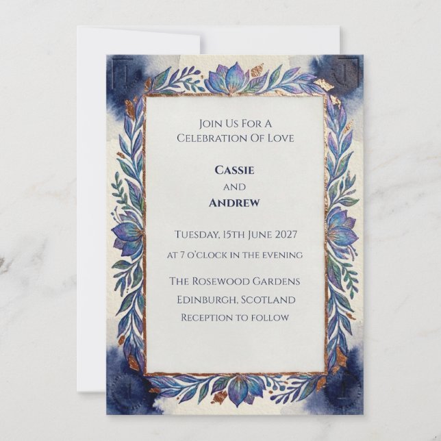 Invitation de mariage botanique bleu écossais (Devant)