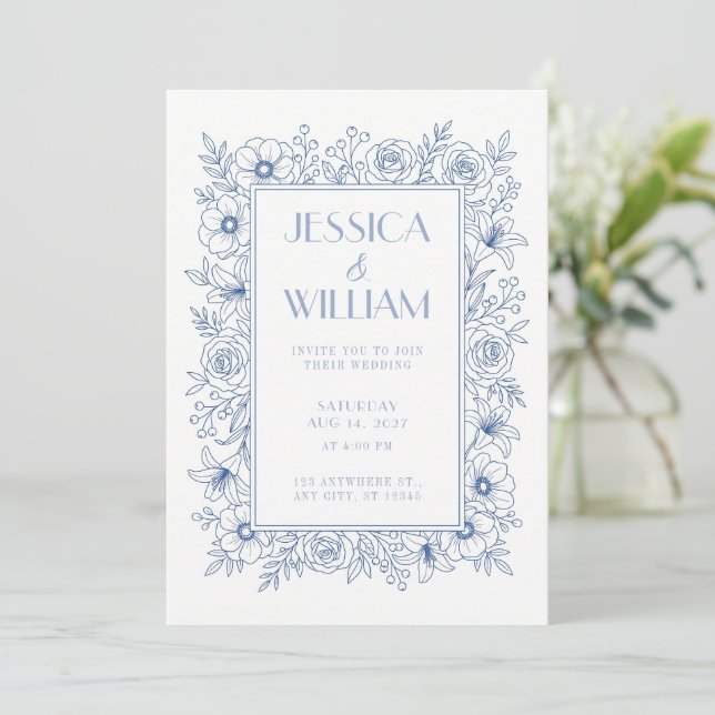 Invitation de mariage botanique bleu royal (Debout devant)