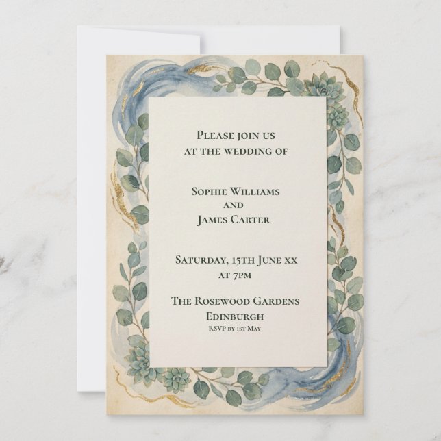 Invitation de mariage botanique bleu-vert (Devant)