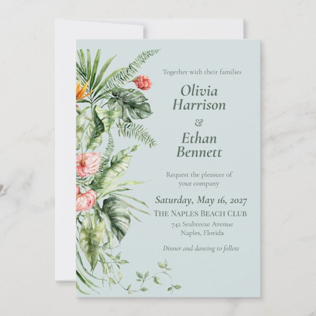 Invitation de mariage botanique Élégance Tropicale (Devant)