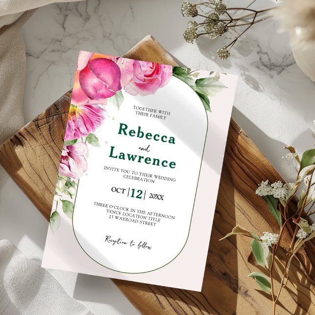 Invitation de mariage botanique rose vif élégant (Créateur téléchargé)