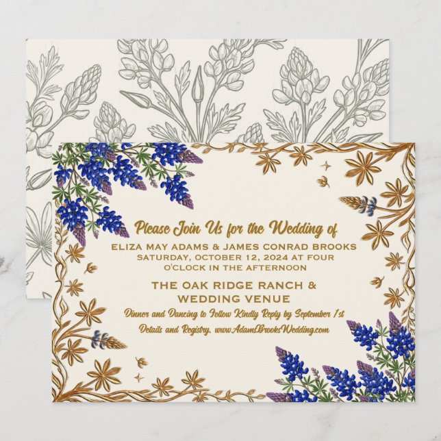 Invitation de mariage botanique Texas Bluebonnet (Devant / Derrière)