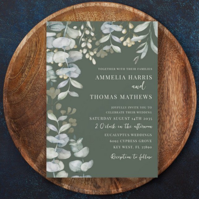 Invitation de mariage botanique vert foncé eucalyp (Créateur téléchargé)