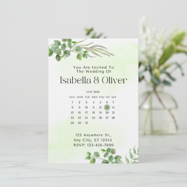 Invitation de mariage botanique verte et blanche (Debout devant)