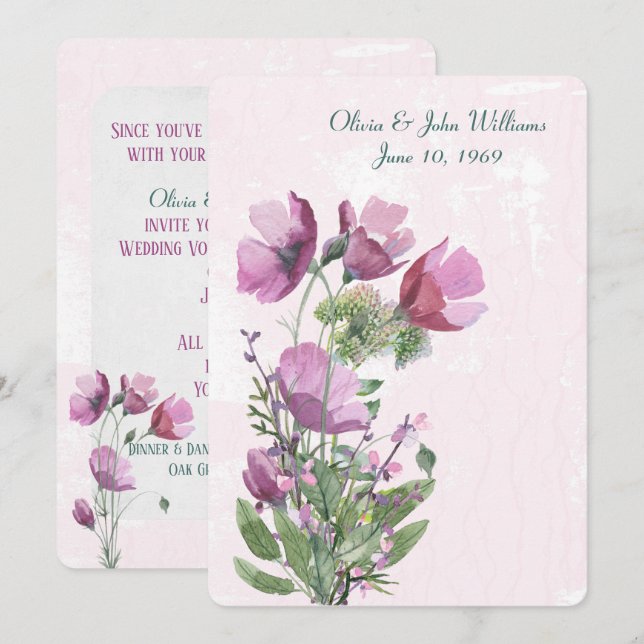 Invitation de mariage bouquet de pavot rose (Devant / Derrière)