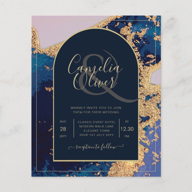 Invitation de mariage Budget Agate Bleu Or avec Co (Devant)