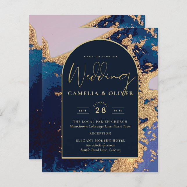 Invitation de mariage Budget Agate Bleu Or avec Co (Devant / Derrière)