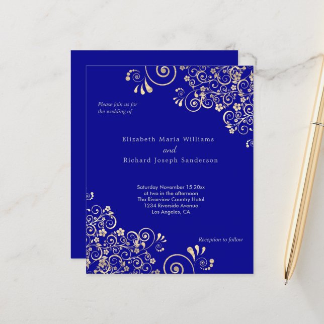 Invitation de mariage Budget Blue Gold Swirls (Devant/Arrière en situation)