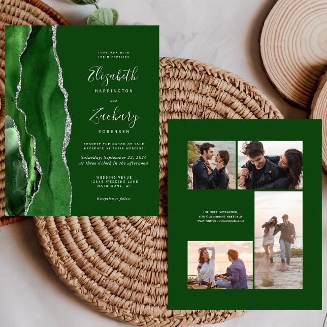 Invitation de mariage Budget Vert Argent 4-Photos (Créateur téléchargé)
