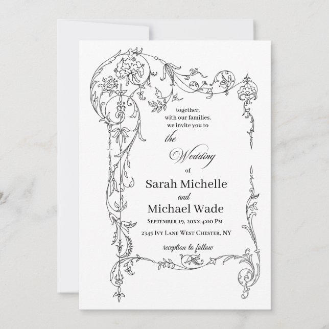 Invitation de mariage calligraphiée avec cadre flo (Devant)