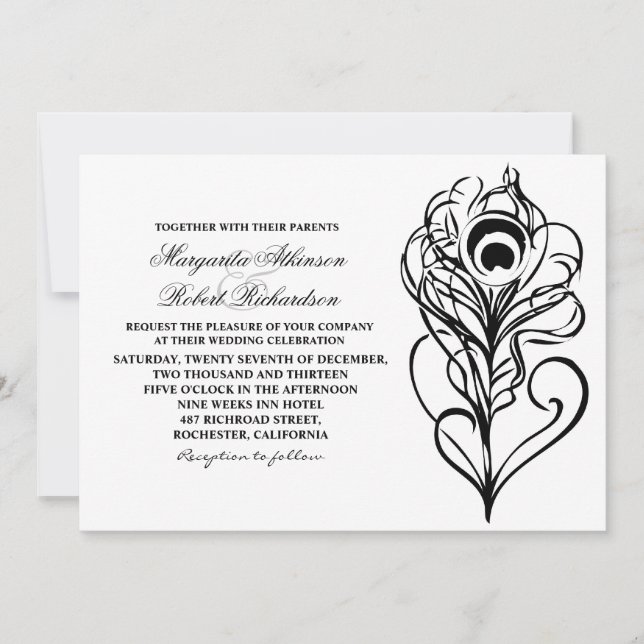 invitation de mariage calligraphique en plumes de  (Devant)