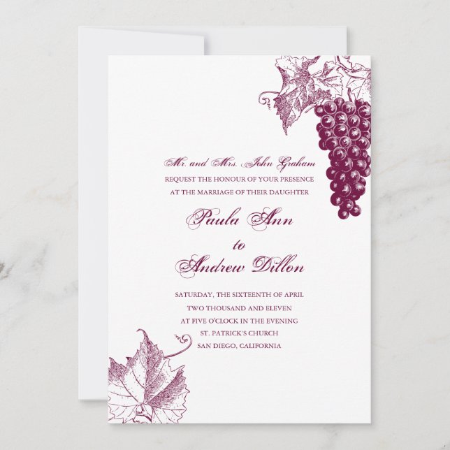 Invitation de mariage campagnard de vin (Devant)